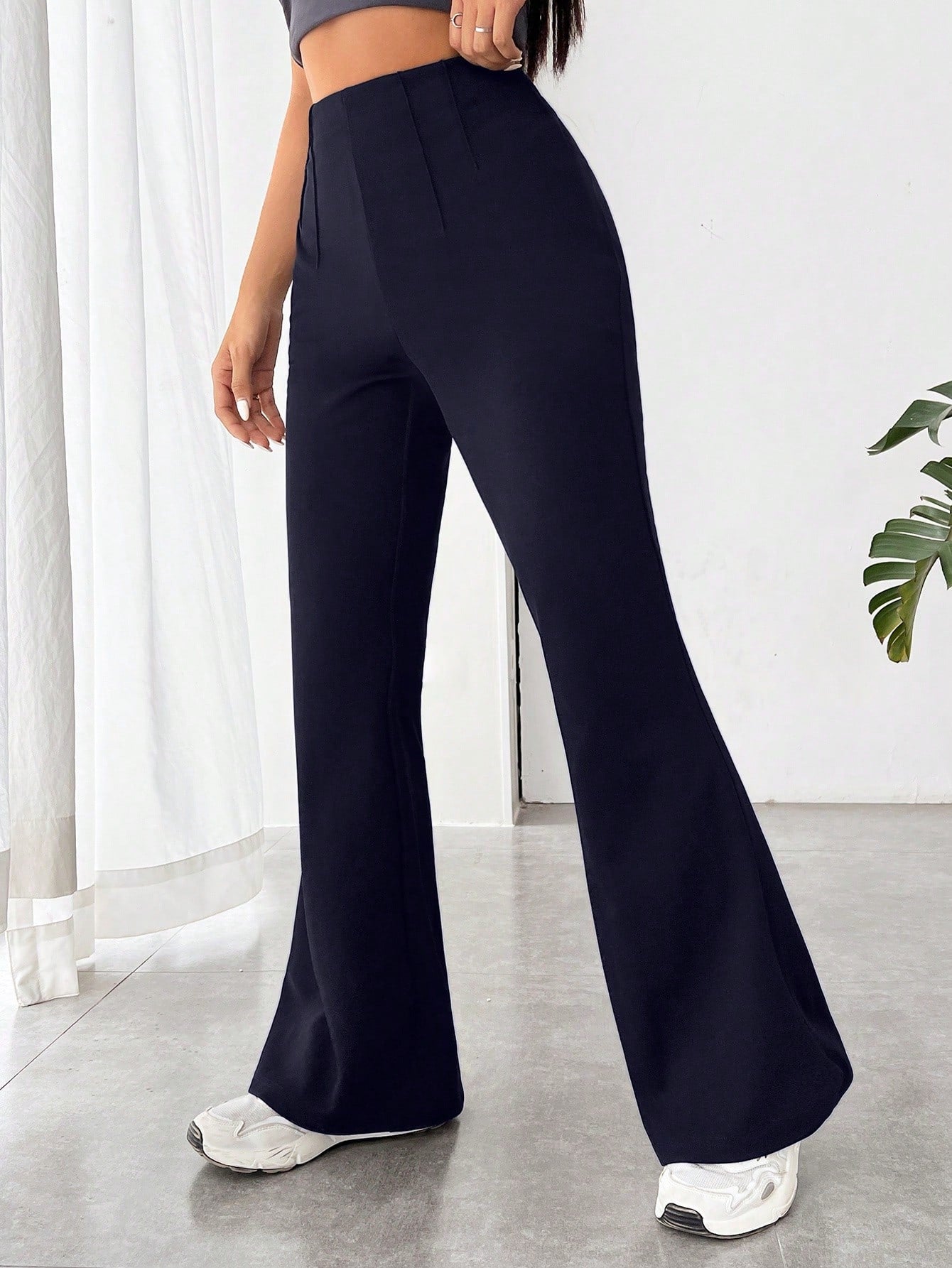 SHEIN EZwear Pantalones acampanados básicos de punto azul marino para mujer para uso diario