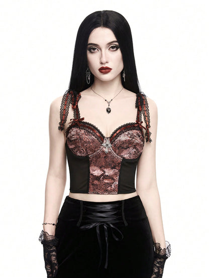 ROMWE Goth Top de tirantes de malla con estampado de serpiente para mujer con colgante cruzado, diseño de lazo y encaje