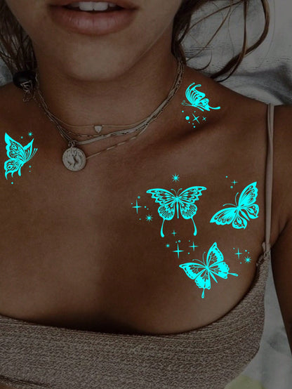 1 Hoja Gran Tamaño De Brillantina Azul Luminosa Y Tatuajes Temporales Originales De Arte Corporal Brillan En La Oscuridad Con Tinta Blanca, Patron De Mariposa Brillante Estrella