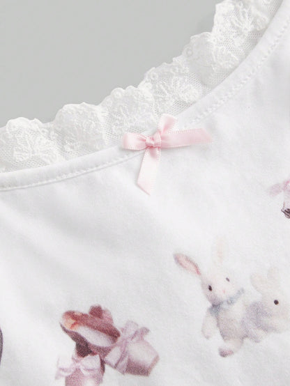 ROMWE Kawaii 1 pieza Top de tirantes con estampado de dibujos animados ribete con encaje