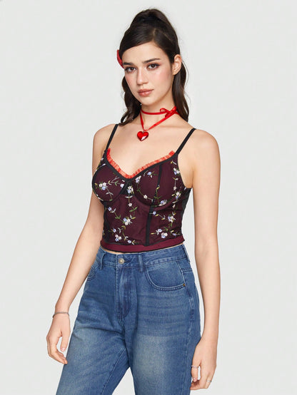 Sweetness Top Tank Doble Capa Bordado Floral Retro Para Mujer