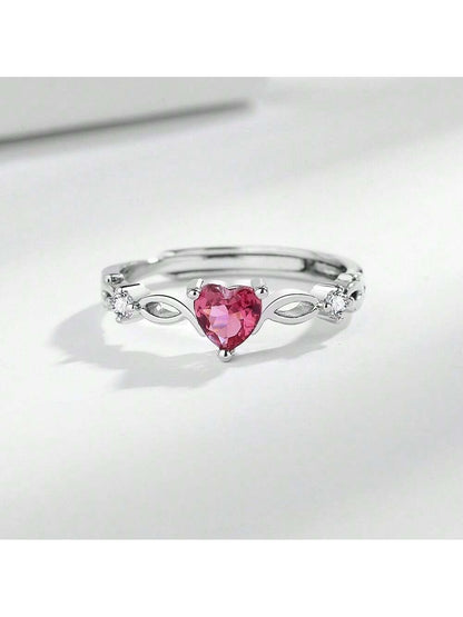 1 pieza Anillo ajustable con decoración de circonita roja con forma de corazón, de moda y casual, adecuado para uso diario, fiestas, regalos, joyería de mujer