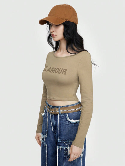 ROMWE Grunge Punk Camiseta De Impresión De Letras Con Diseño De Espalda Abierta En Estilo Al Aire Libre De Maillard