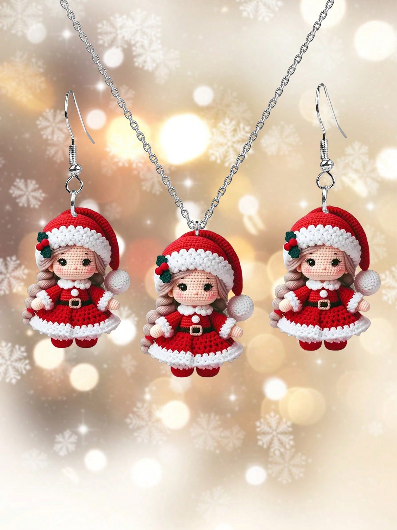 Conjunto de 3 aretes y collares con impresión de muñecos de Navidad de dibujos animados, joyería navideña, regalos para mujeres, decoraciones únicas para eventos navideños y regalos de Navidad