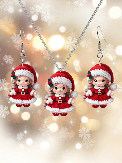 Conjunto de 3 aretes y collares con impresión de muñecos de Navidad de dibujos animados, joyería navideña, regalos para mujeres, decoraciones únicas para eventos navideños y regalos de Navidad