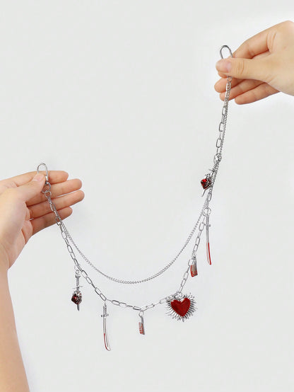 ROMWE Kawaii 1 pieza Cadena para la cintura con estilo gótico de moda, colgante de corazón perforado con calavera, espada y corazón rojo, plateado, adecuado para uso diario de mujeres y niñas, regalo festivo