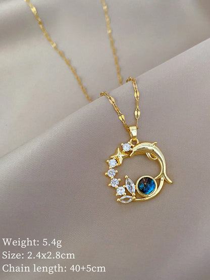 Hermoso collar colgante de acero inoxidable con cadena de suéter decorativa, accesorio de joyería de moda con colgante redondo de cobre incrustado con circonita y cielo estrellado y planeta, decoración elegante para fiesta.