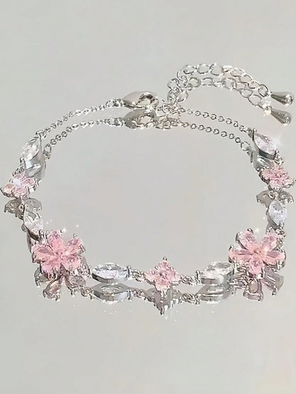 1 Pieza Pulsera De Lazo De Flor De Cerezo De Circonio Cúbico Rosa Para Mujeres, Diseño Minimalista De Moda Al Estilo Ins, Adecuado Para Usar A Diario Y Como Regalo Entre Amigas