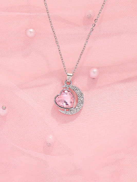 ROMWE Kawaii 1 Pieza Collar Colgante Lunar Con Diamantes De Imitación En Forma De Corazón Grande De Color Rosa, Estilo Gótico Europeo Y Americano Para Regalo Del Día De San Valentín