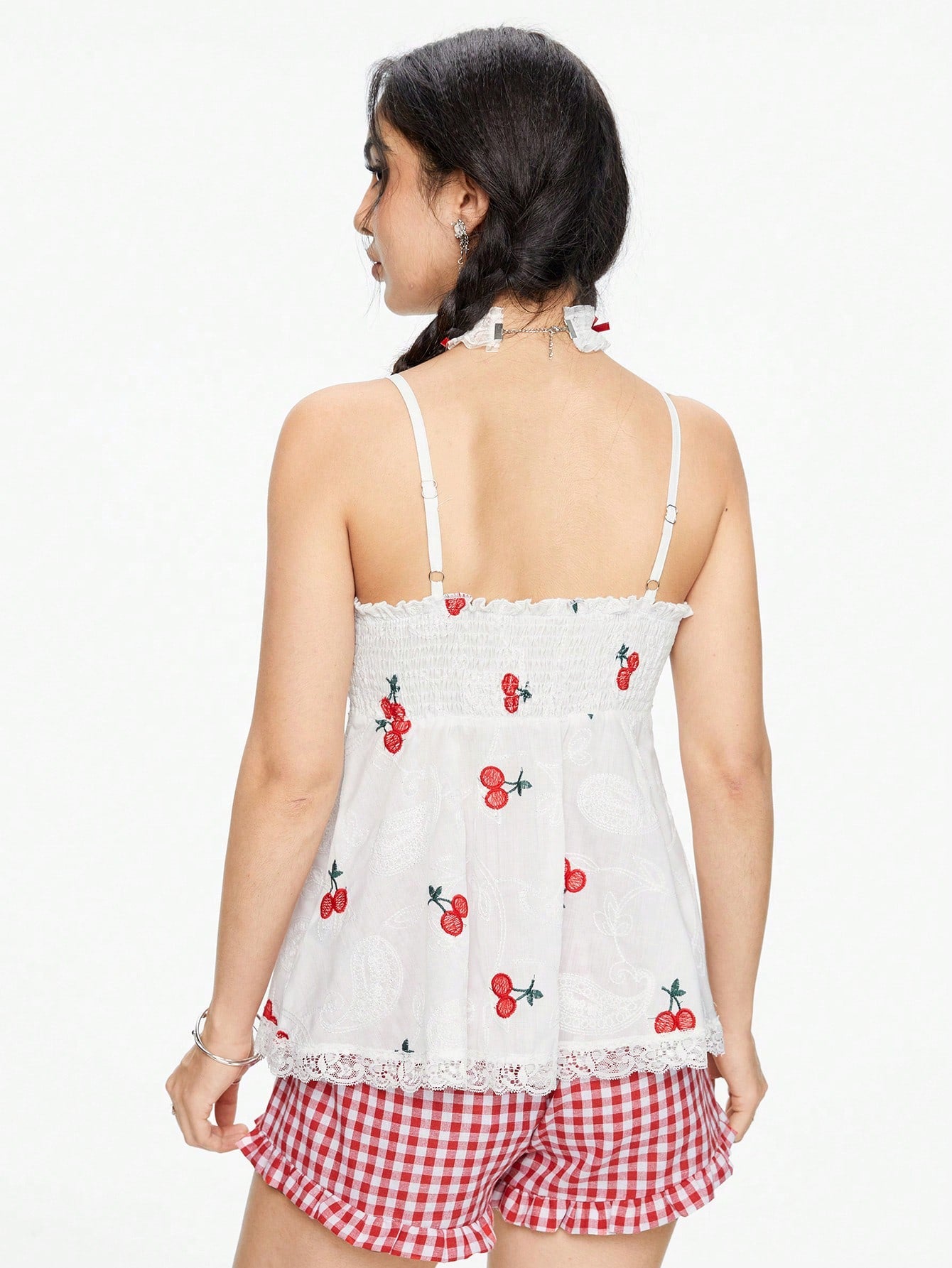 ROMWE Kawaii Top de encaje con bordado de cerezas dulces y encantadoras