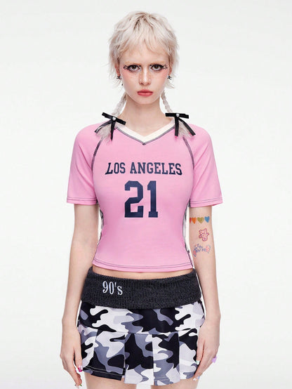 ROMWE J-Fashion Camiseta informal para mujer de estilo deportivo con estampado de letras, cute y dulce