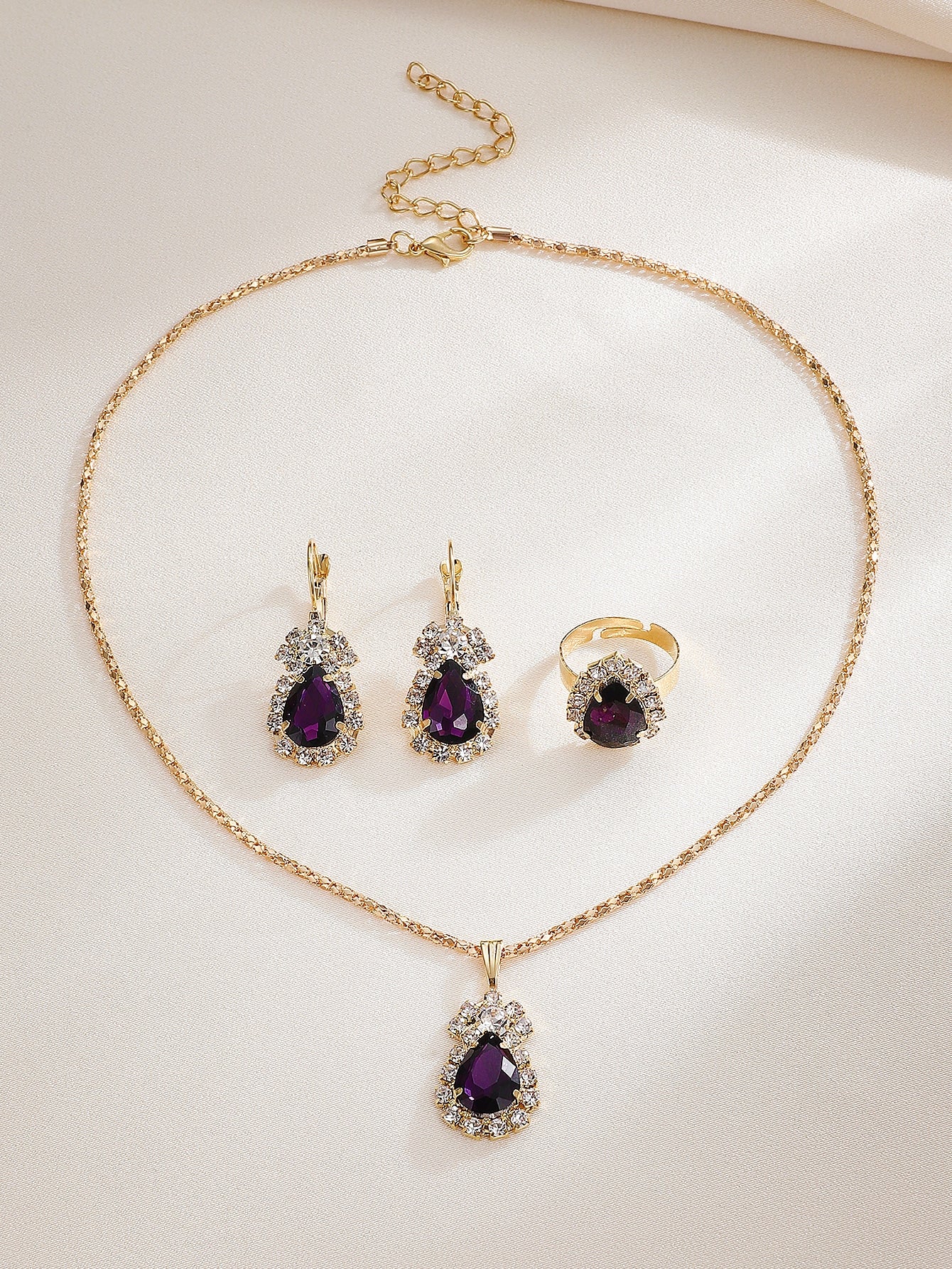 4 piezas/set collar con diseño de gota de agua, pendientes, anillo y pulsera, conjunto de joyería para mujer, fiesta, boda, novia, regalo