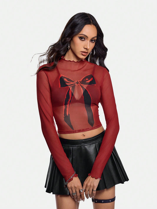 Warp Atelie Top corto ajustado con estampado de malla de lazo oscuro, ropa de mujer para otoño e invierno