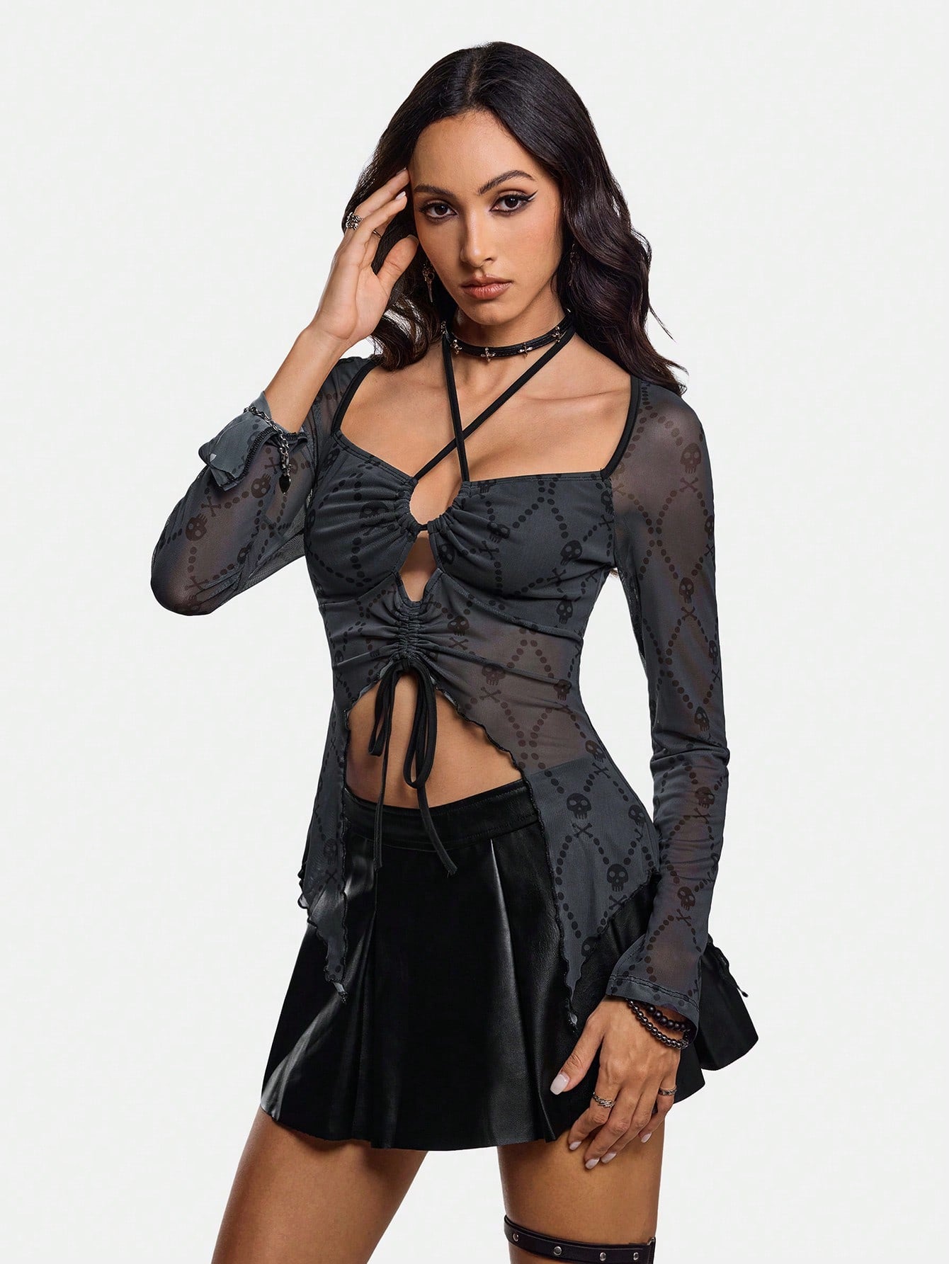 Studio Schimm Blusa de mujer con impresión de calavera oscura, de color negro, ropa de mujer para otoño e invierno