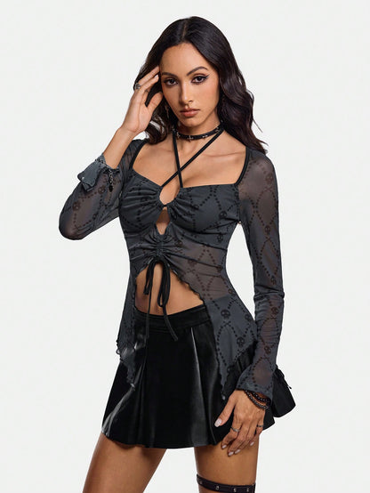 Studio Schimm Blusa de mujer con impresión de calavera oscura, de color negro, ropa de mujer para otoño e invierno