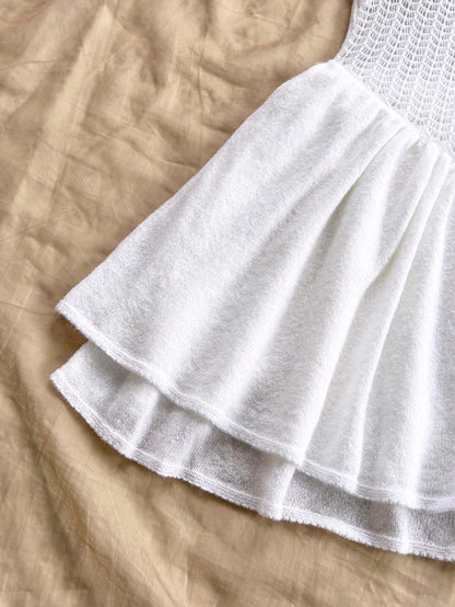SHEIN WYWH Vestido de suéter de dama con escote en V, lazo de satén, espalda descubierta, dobladillo de doble capa, color blanco, estilo romántico y casual de hada de playa