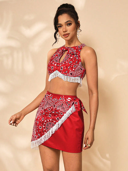 iDea Top con estampado de paisley con dobladillo de flecos, ropa de mujer, para verano