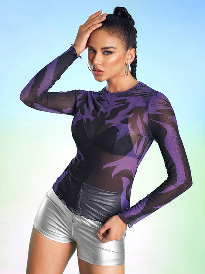 Harviee Parte superior fina de manga larga con estampado de malla, ropa de mujer de diseñador para otoño e invierno