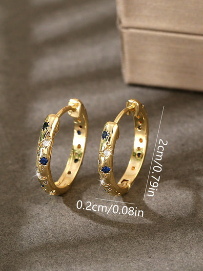 1 Par De Aretes De Aro En Forma De Estrella, Luna Y Redondos, De Cobre De Lujo Con Incrustaciones De Colores Múltiples, El Regalo Perfecto Para Una Cita