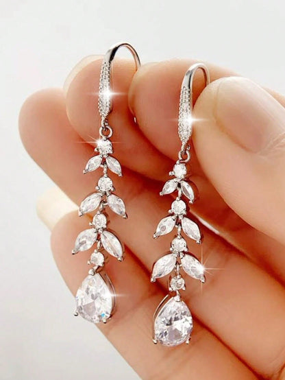 2 piezas Pendientes colgantes largos con hoja, chapados en plata con circonita cúbica, pendientes de lujo para novia, boda, joyería de compromiso, aniversario, regalo para novia, esposa, pareja, San Valentín