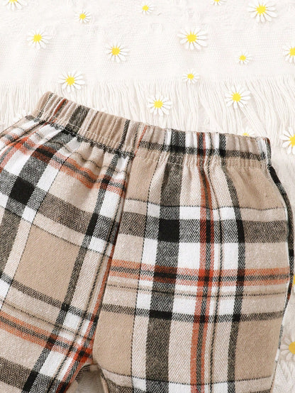Bebé niña con estampado de slogan ribete con fruncido Body & de cuadros con lazo delantero Pantalones acampanados con banda cabeza