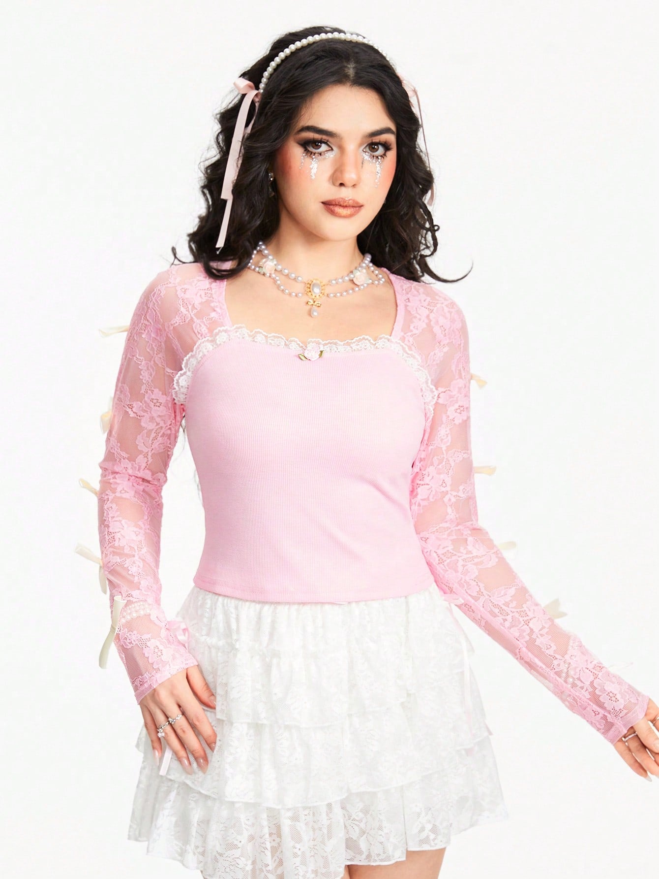 ROMWE Kawaii Camiseta de mujer de cuello cuadrado con parche de encaje, decoración de lazo y mangas largas, de unicolor