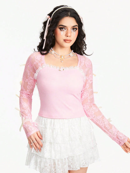 ROMWE Kawaii Camiseta de mujer de cuello cuadrado con parche de encaje, decoración de lazo y mangas largas, de unicolor