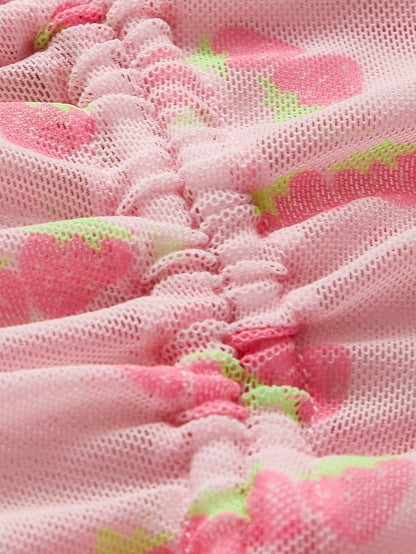 ROMWE Kawaii Conjunto de 4 paquetes de bikini con estampado de fresa con parte superior halter y lazos laterales y cubierta a juego