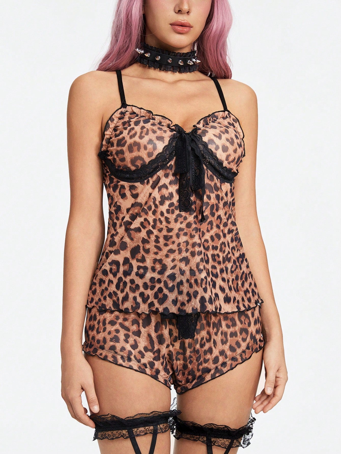 ROMWE Grunge Punk Conjunto de pijama de malla con estampado de leopardo en estilo punk oscuro con ribete de encaje y detalle de lazo