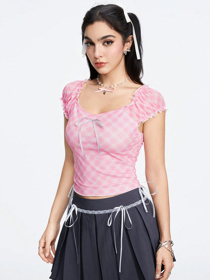 ROMWE Kawaii Camisa elegante de dama a cuadros rosa con manga abullonada, lazo de corbata en la cintura, fruncido en los lados y escote cuadrado bajo