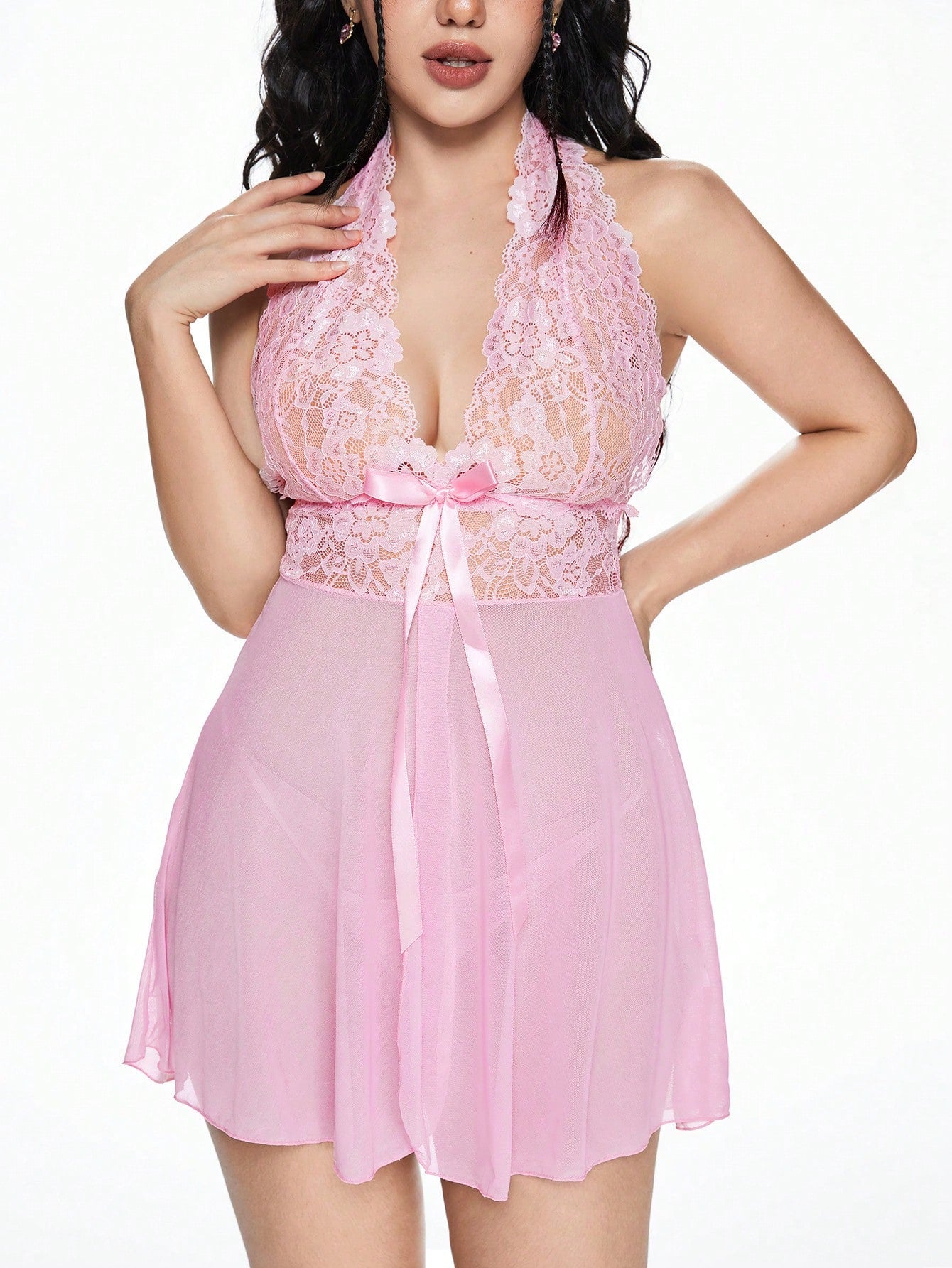 ROMWE Kawaii Conjunto de mini vestido con lazo de atar en el cuello estilo encaje, para el Día de San Valentín romántico