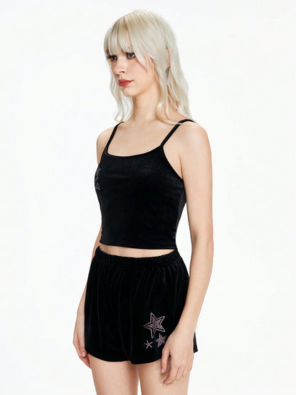 ROMWE Kawaii Conjunto de camiseta de tirantes y pantalón de pijama de terciopelo con esqueleto y estrellas de rhinestone estilo Gyaru de Shibuya, otoño/invierno