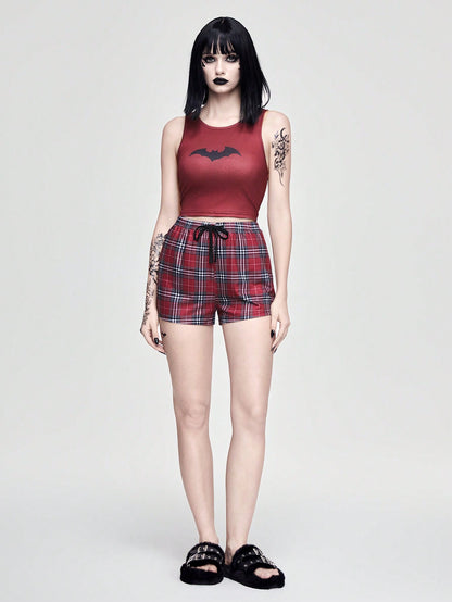 ROMWE Grunge Punk Conjunto de pijama casual de top tipo tank con estampado de araña de estilo punk rock oscuro y shorts a cuadros con lazo para mujer