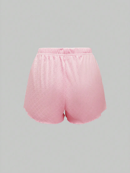 ROMWE Kawaii Conjunto de pijama de mujer con encaje de punto hueco y lazo romántico y encantador en forma de corazón