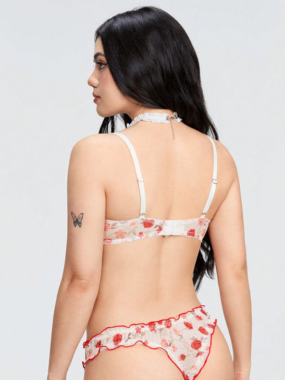 ROMWE Kawaii Conjunto De Ropa Interior De 2 Piezas Con Estampado Floral Decorado Con Rosas Transparente Y Sexy