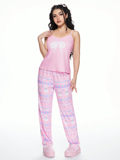 ROMWE Kawaii Conjunto de pijama informal de camiseta y pantalón corto con estampado de conejito Kawaii, rosa, corazón y lazo