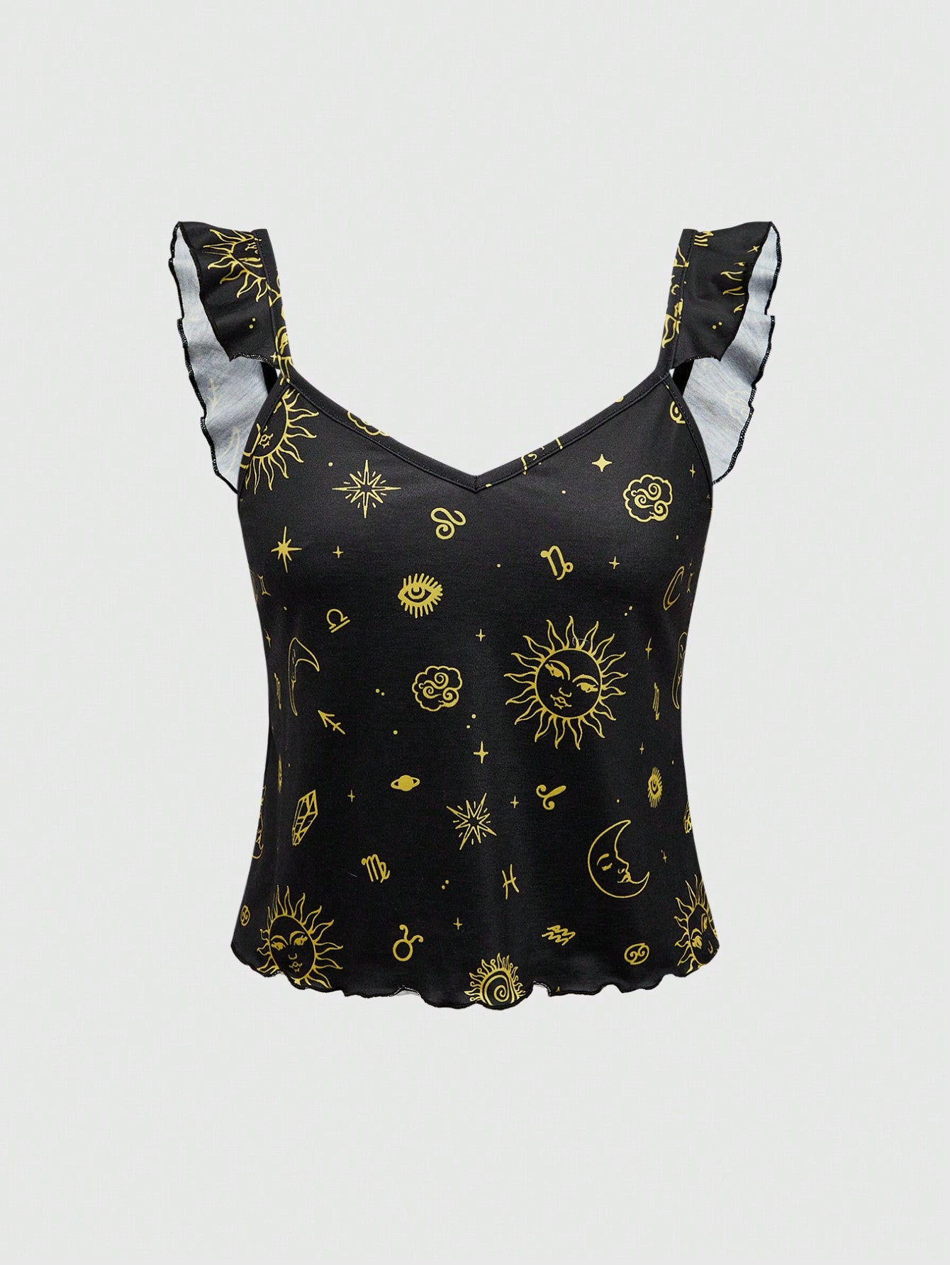 ROMWE Hippie Conjunto de pijama informal con estampado de estrellas de día y noche y dobladillo con volantes