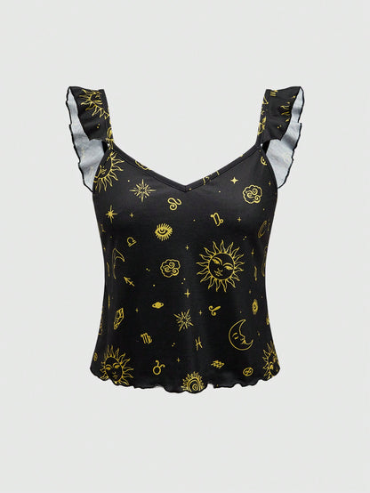 ROMWE Hippie Conjunto de pijama informal con estampado de estrellas de día y noche y dobladillo con volantes