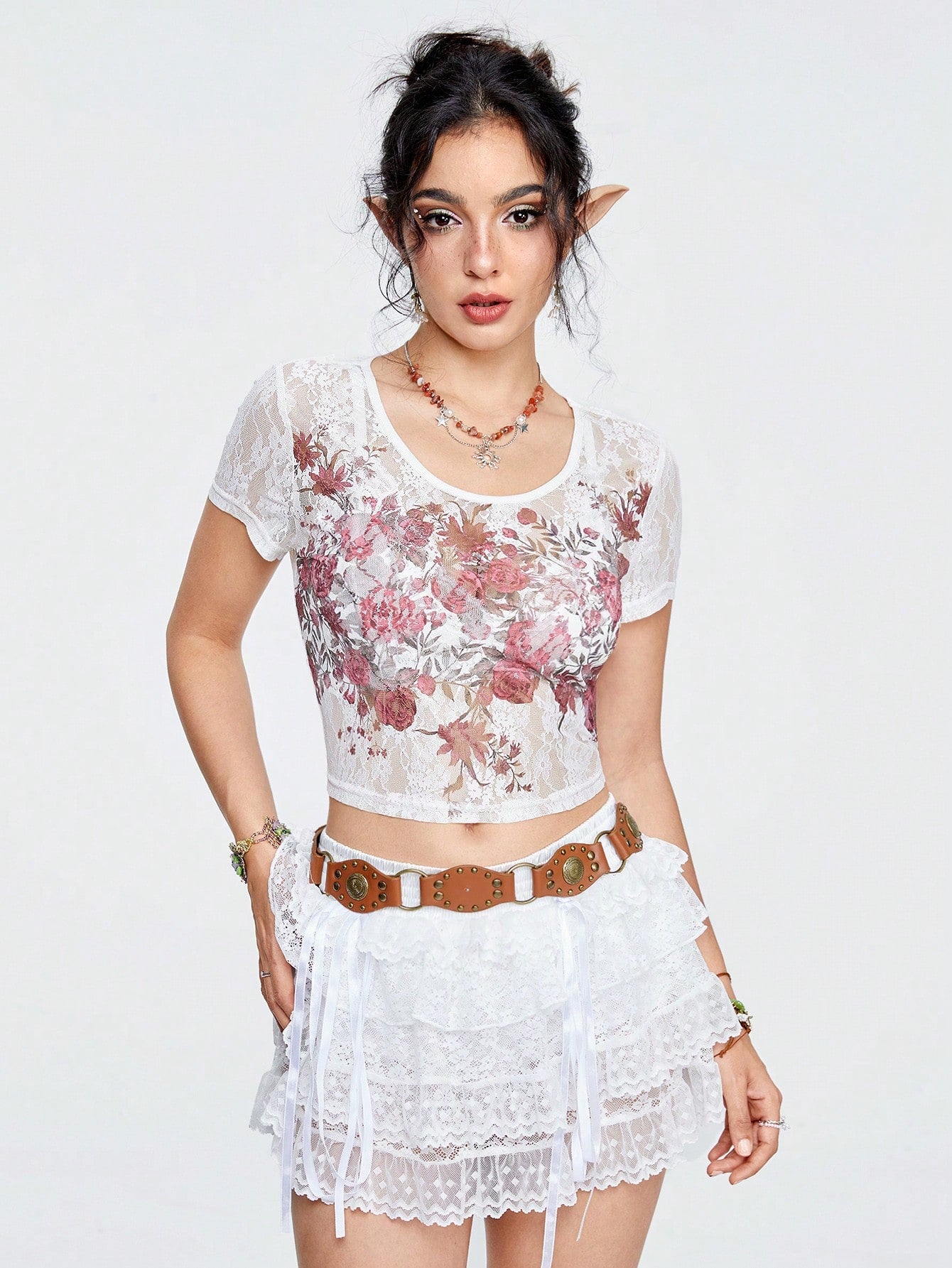 ROMWE Fairycore Top de manga corta de encaje con estampado de rosa para mujer