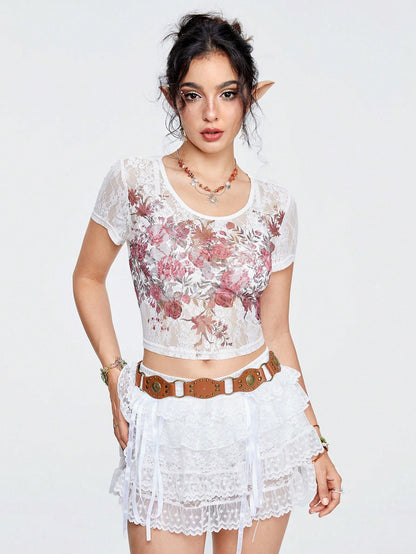 ROMWE Fairycore Top de manga corta de encaje con estampado de rosa para mujer