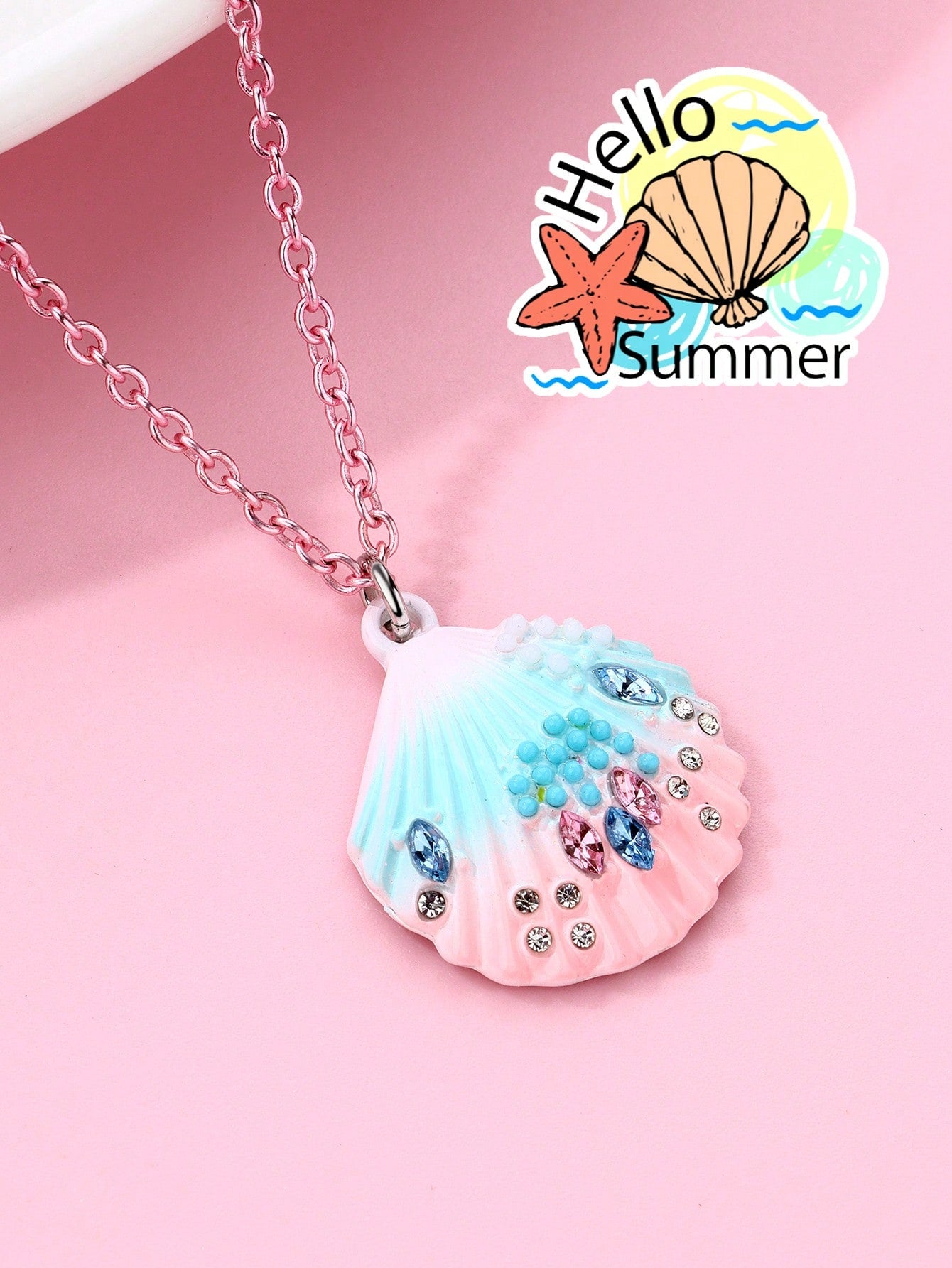1 pieza Collar colgante con decoración de piedras rhinestone y pintura de degradado de concha de aleación de zinc para niñas pequeñas, joyería de uso casual