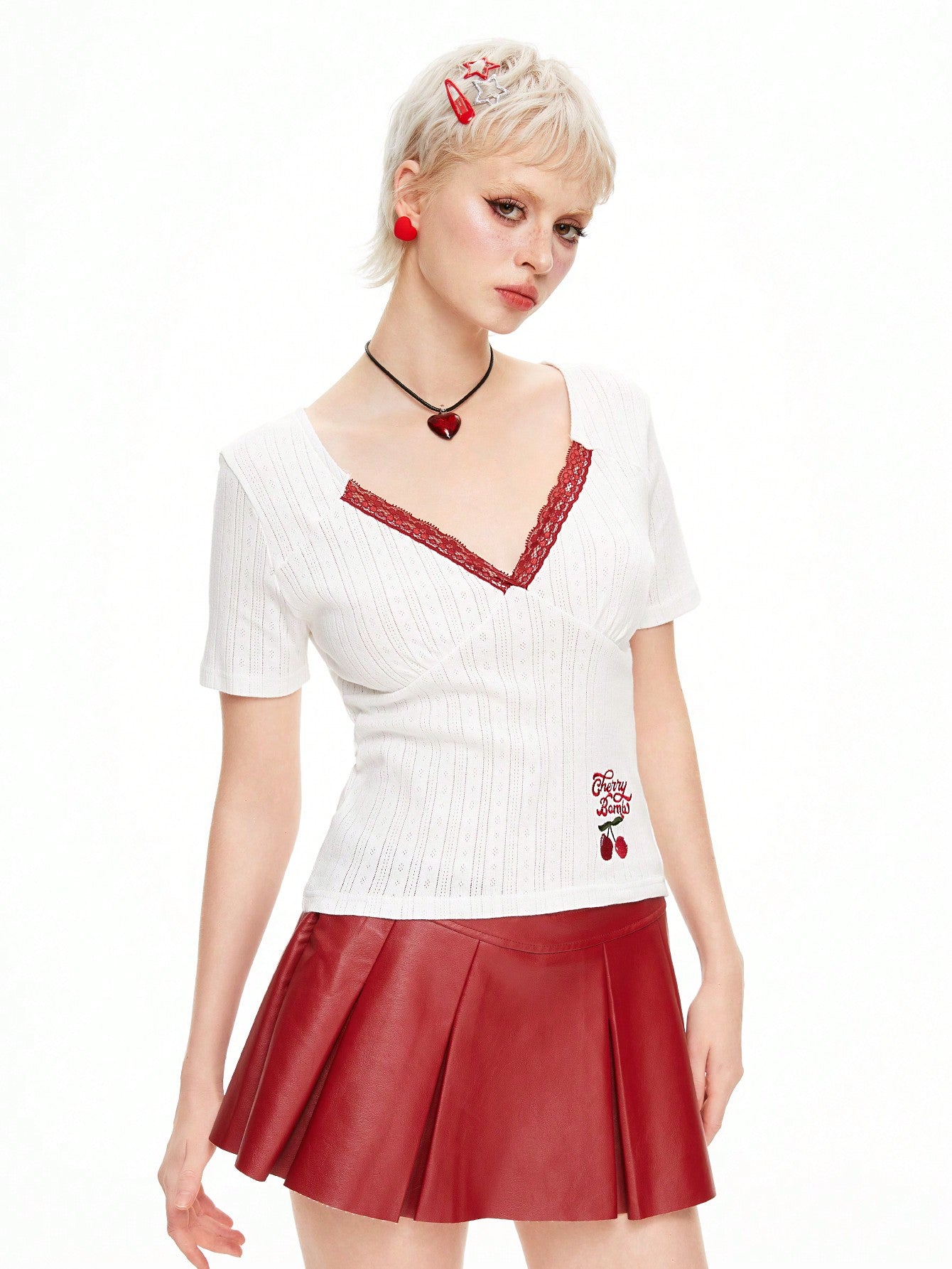 ROMWE Kawaii Camiseta de manga corta con cuello de encaje bordado con flores de cerezo para mujeres, escolar