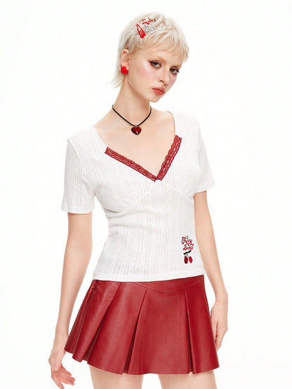 ROMWE Kawaii Camiseta de manga corta con cuello de encaje bordado con flores de cerezo para mujeres, escolar