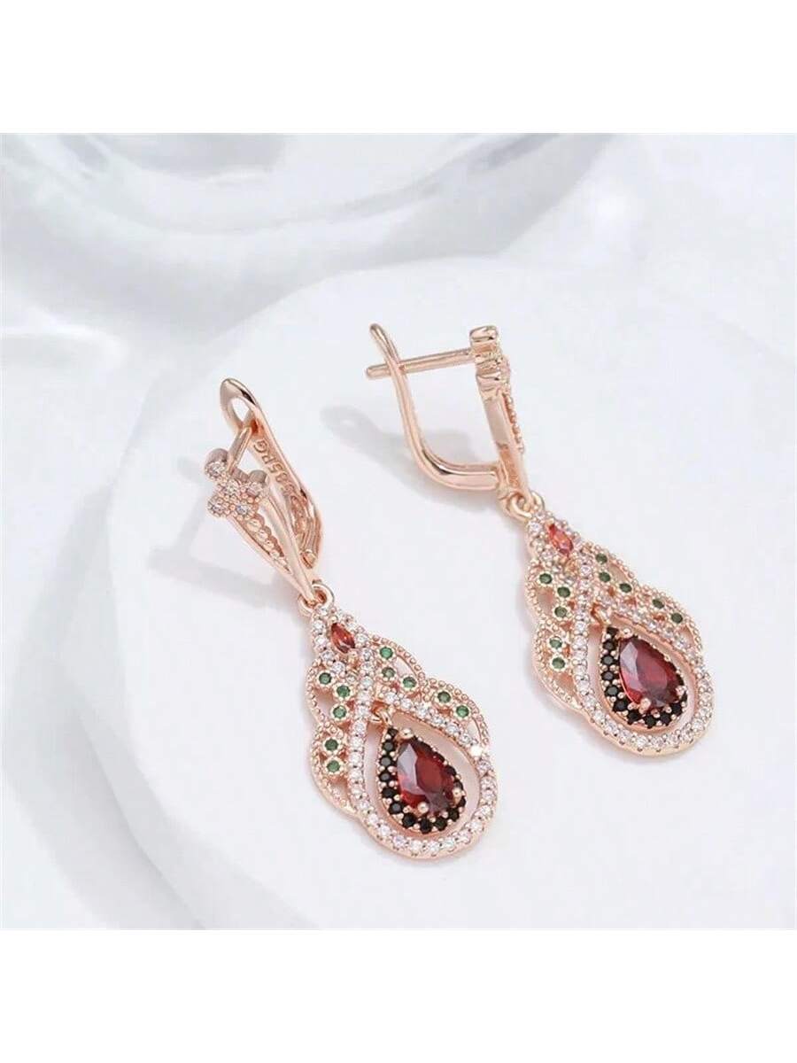 1 par de pendientes colgantes con forma de gota de agua con rubíes y circonitas verdes, con borlas, lujosos y elegantes, perfectos para compromisos, bodas, fiestas, regalo de San Valentín