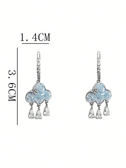1 par de aretes con gotas de borla con nubes de rhinestone azul de diseño único, ¡Hermosos!