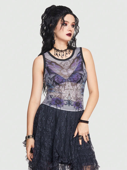 ROMWE Goth Top tank con estampado de mariposa sin sujetador