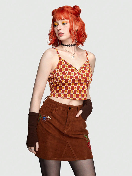ROMWE Fairycore Camiseta De Tirantes Para Mujer Con Estampado Floral De Cuadros