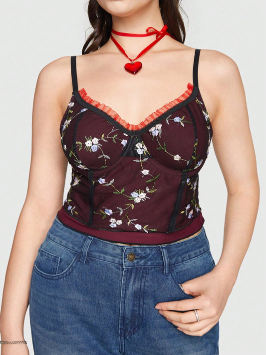 ROMWE Kawaii Vintage Floral Bordado De Doble Capa Camiseta Para Mujeres De Talla Grande