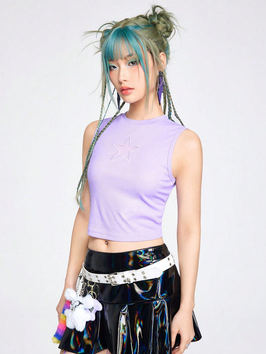 ROMWE Kawaii Top corto acanalado con bordado de estrella para el verano estilo Y2K