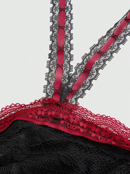 ROMWE Goth Top de encaje con cordones, decorado con una cruz gótica y flor en el pecho, para mujer, ideal para Navidad